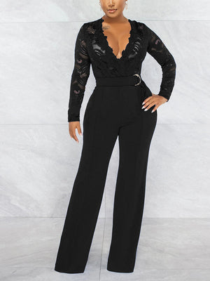 Lace V Neck With Belt Jumpsuits