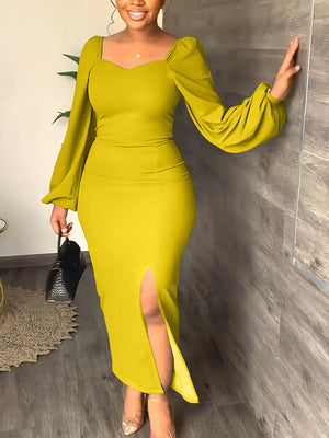 Lantern Sleeve Slit Dresses