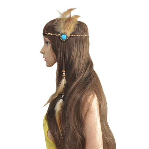 YM & Dancer P52 Handmade Rope Leather Brown Feather Headbands with Wood Beads - Fashion Indiana Ethnic Fascinator Feather Hairband Headdress Hair Accessories for Women Lady