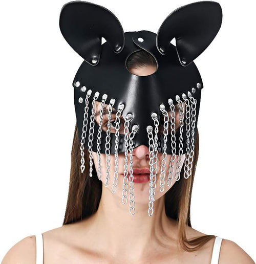 YM & Dancer P23 Black Latex Hood Mask Full Face Mask Riding Mask Hood Party Latex MaskBlack Leather Cat Woman Mask Masquerade Adjustable Head Mask,Cat Ears with Rivets Metal Tassel for Carnival Party Costume