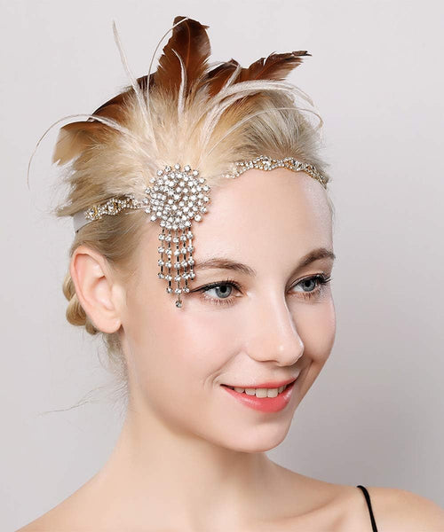 YM & Dancer P7 1920s Flapper Feather Headband with Crystal Chain Tassel Rhinestone Headband Feather Roaring 20s Headpiece Prom Party Festival Gatsby Hair Jewelry for Women and Girls