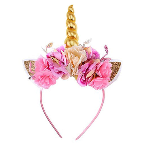 YM & Dancer P44 Gold Horn Headband Ears Photo Girl Birthday Outfit Squishy Cheeks Gold Glitter Horn Headband Flowers Headwear Accessory for Party Decoration Cosplay Costume (Pink Flower)