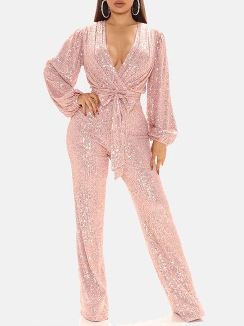 Sequin Long Sleeve V Neck Jumpsuits