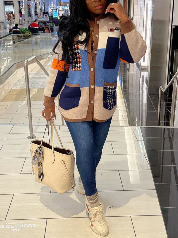 Retro Color Block Sweater Cardigans
