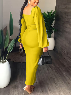 Lantern Sleeve Slit Dresses