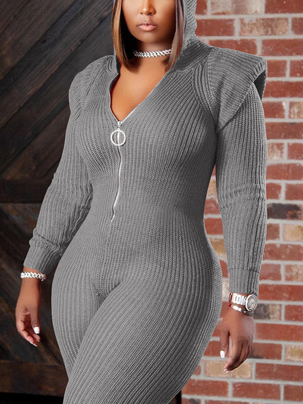 Knitted Padded Shoulder Hooded Jumpsuits