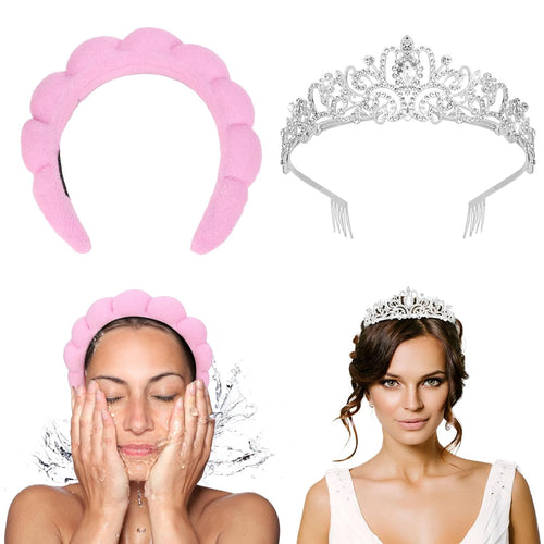 YM & Dancer P79 Sponge Headband for Washing Face → Crystal Crown with A Dress or Hairstyle to Party, Spa Headband for Women Makeup Headbands, Elegant Wedding Tiara Princess Crown for Girls