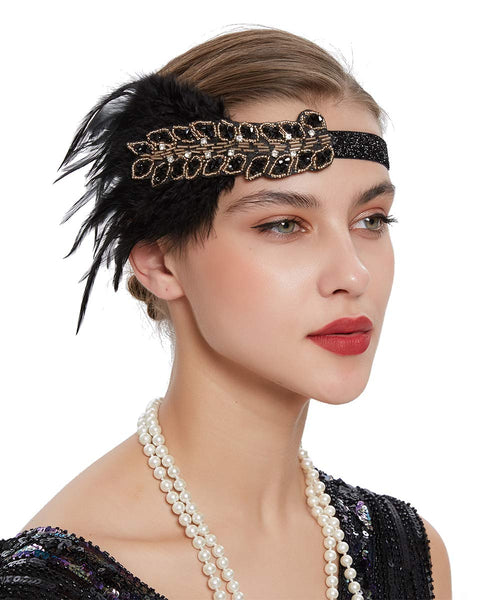 YM & Dancer P3 1920s Flapper Feather Headband Crystal Beaded Black Feather Headpiece Great Gatsby Hair Jewelry for Women and Girls