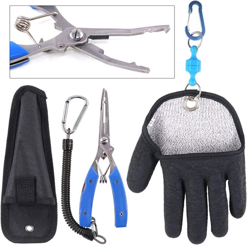YM & Dancer G14 2Pcs Fishing Gear Set, Fisherman Professional Right Hand Fishing Glove with Magnet Hooks Release and Fishing Pliers Cutters Split Ring Pliers Hook Remover Fish Holder Sheath Lanyard - XL