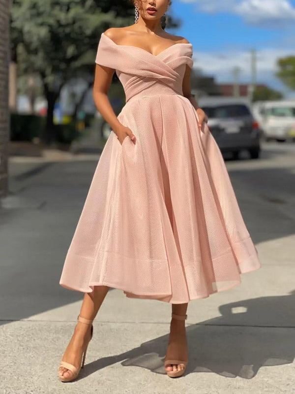 Off Shoulder Mesh A-Line Dresses