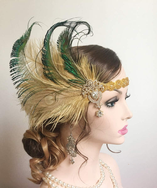 YM & Dancer P6 1920s Flapper Feather Headband with Crystal Beaded Head Chain Peacock Feather Roaring 20s Headpiece Prom Party Festival Gatsby Hair Jewelry for Women and Girls