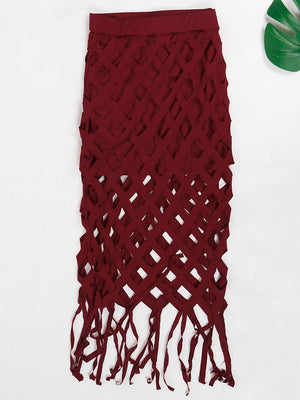 Hollow Out Crop Top Fringed Skirt Set