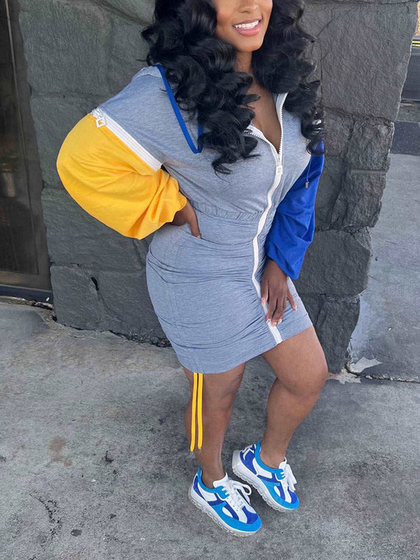 Hoodie Color Block Ruched Dresses