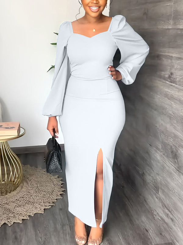 Lantern Sleeve Slit Dresses