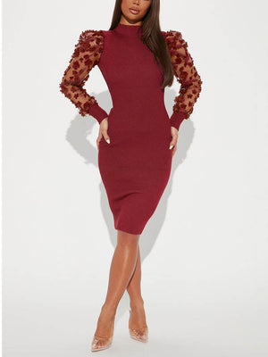 Mesh Puff Sleeve Ribbed Midi Dresses