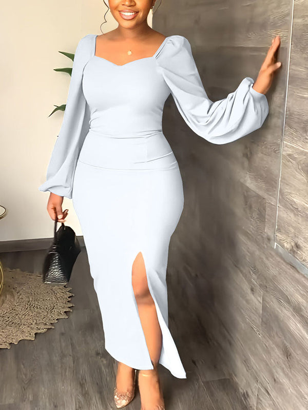 Lantern Sleeve Slit Dresses
