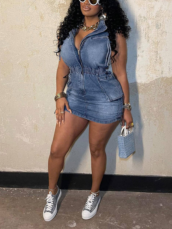 Denim Drawstring Sleeveless Dresses