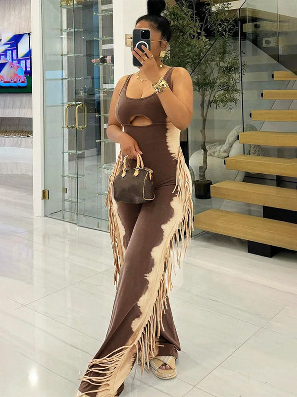 Cutout Side Fringed Jumpsuits