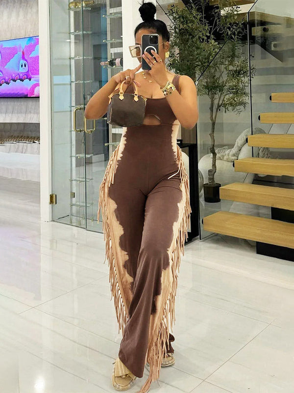 Cutout Side Fringed Jumpsuits
