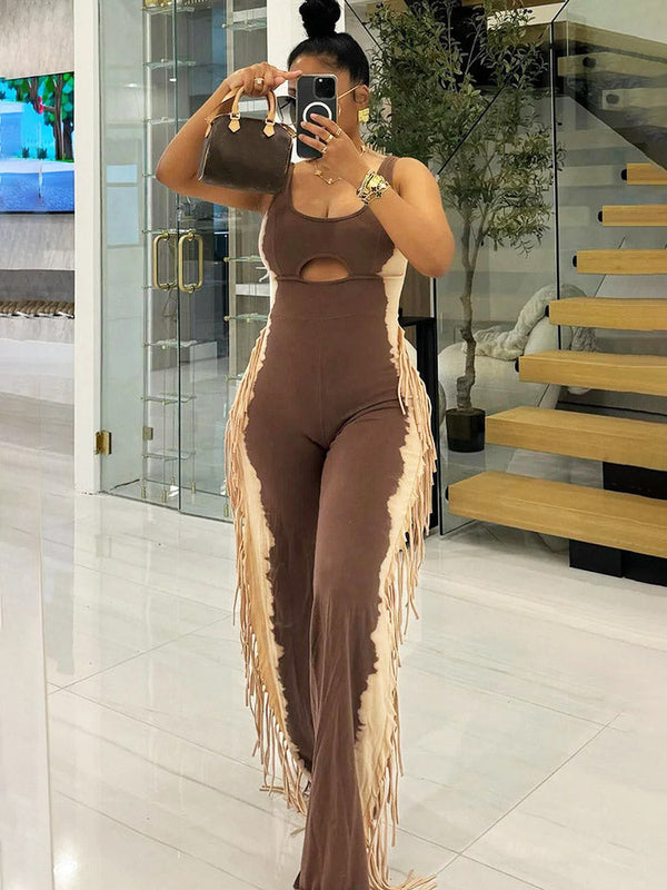 Cutout Side Fringed Jumpsuits