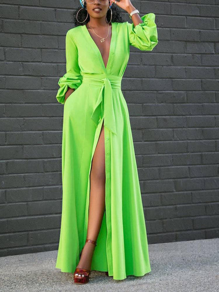 Button Down Slit V Neck Maxi Dresses