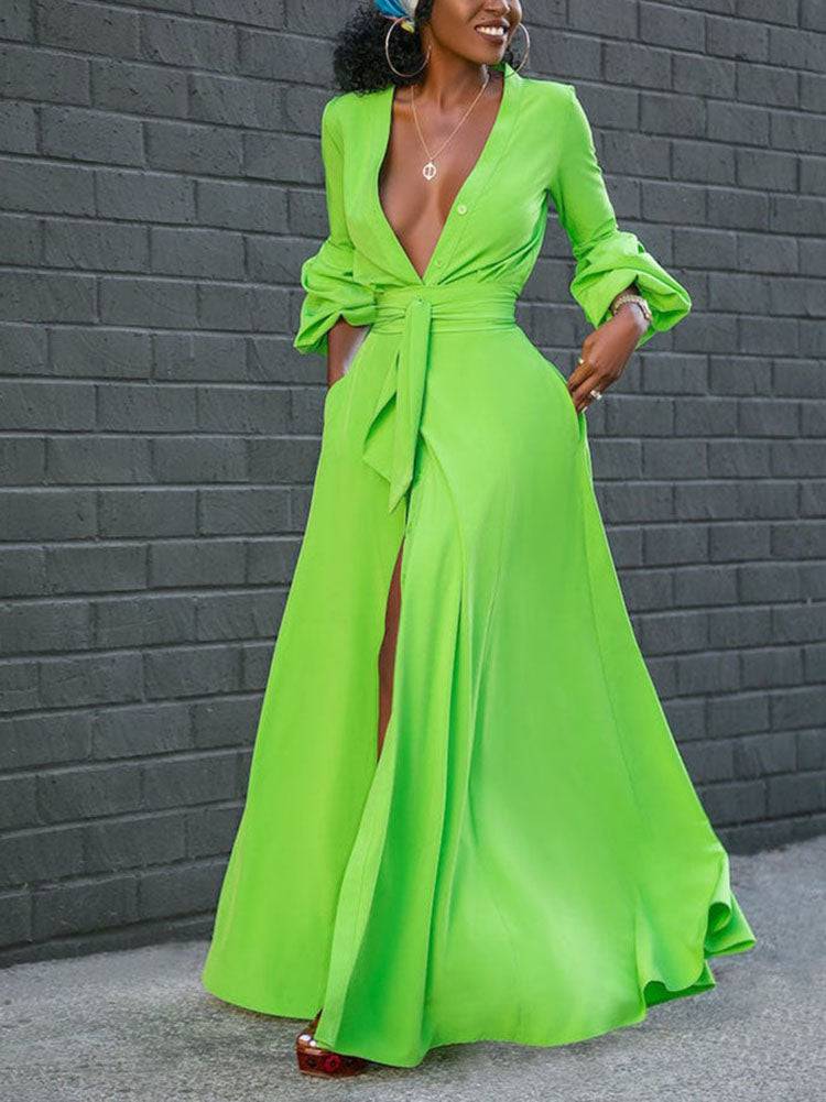 Button Down Slit V Neck Maxi Dresses