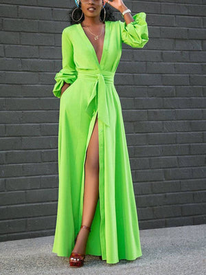 Button Down Slit V Neck Maxi Dresses