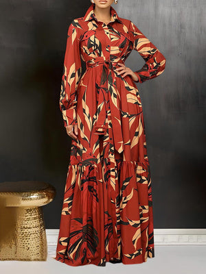 Leaf Print Ruffle Hem Dresses