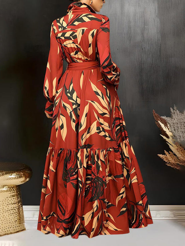 Leaf Print Ruffle Hem Dresses