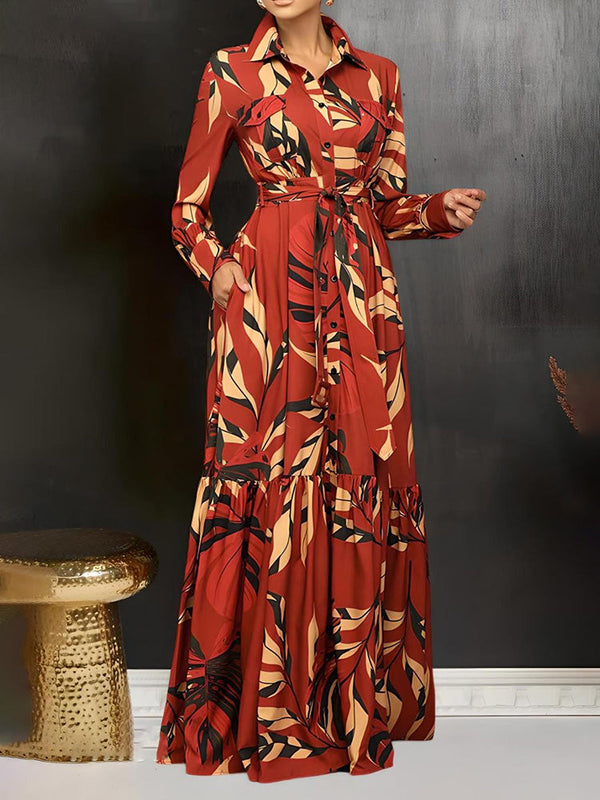 Leaf Print Ruffle Hem Dresses