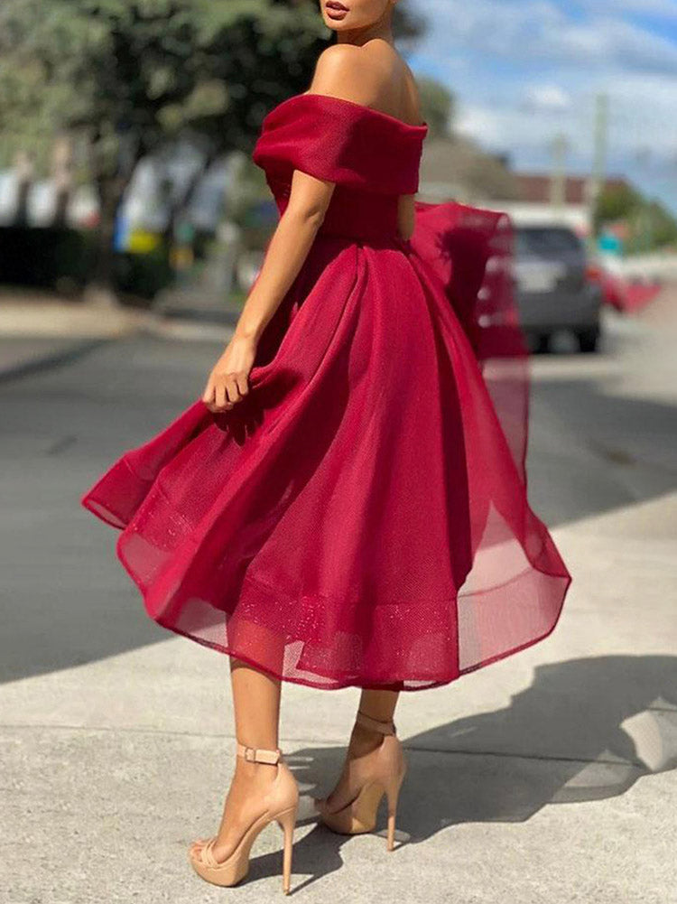 Off Shoulder Mesh A-Line Dresses