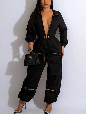 Deep V Zipper Drawstring Pocket Jumpsuits
