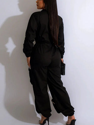 Deep V Zipper Drawstring Pocket Jumpsuits