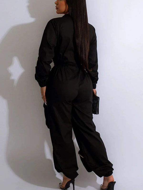 Deep V Zipper Drawstring Pocket Jumpsuits