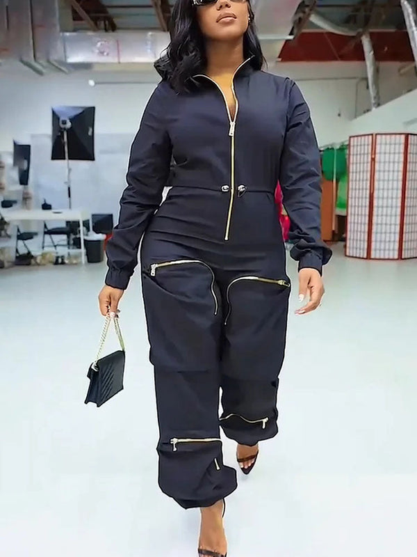 Deep V Zipper Drawstring Pocket Jumpsuits