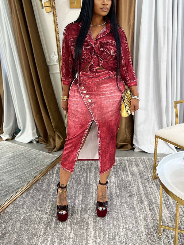 Denim Print Shirt Skirt Set