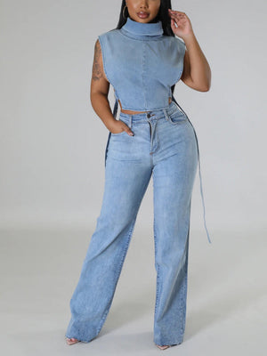 Denim Sleeveless Turtleneck Tops