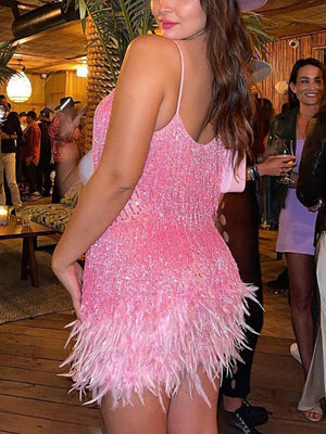 Feather Sequin Camisole Dresses