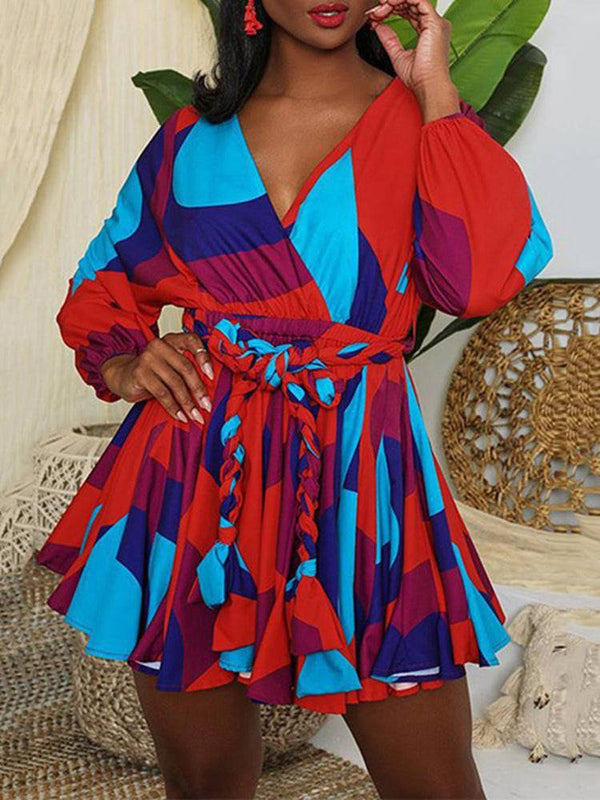 Tie Dye With Belt V Neck Dresses