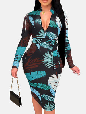 Zipper Print Pencil Midi Dresses