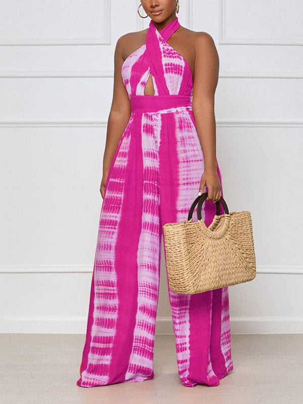 Halter Backless Printed Wide Leg Jumpsuits