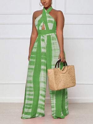 Halter Backless Printed Wide Leg Jumpsuits