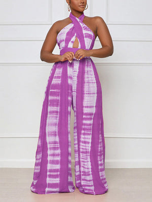Halter Backless Printed Wide Leg Jumpsuits