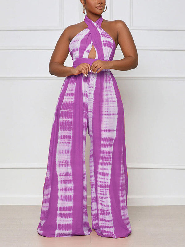 Halter Backless Printed Wide Leg Jumpsuits