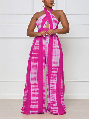 Halter Backless Printed Wide Leg Jumpsuits
