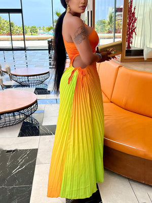 Ombre One Shoulder Pleated Dresses