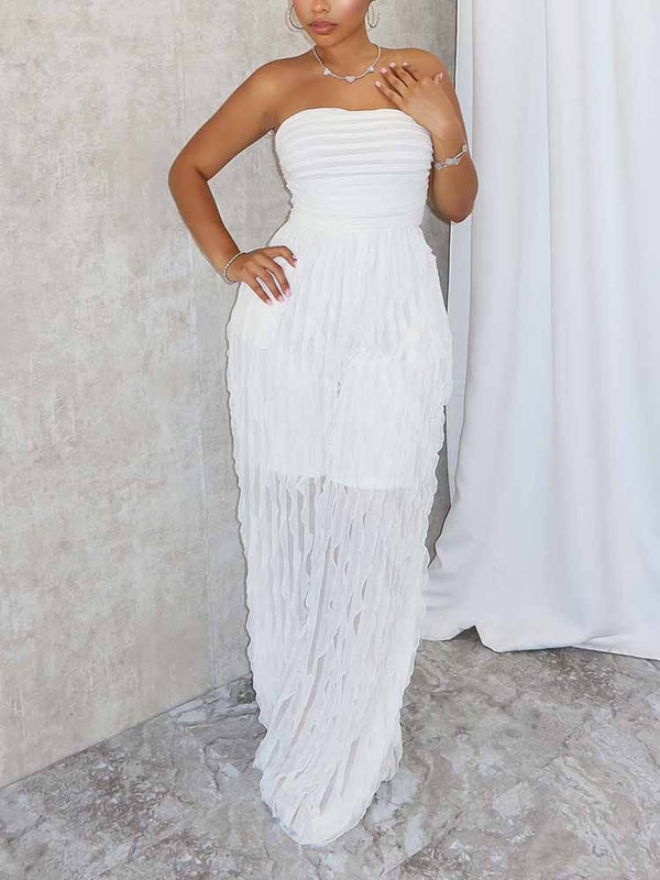 Strapless Sheer Ruffle Jumpsuits