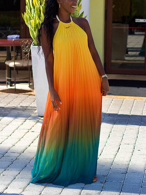 Ombre Pleated Backless Maxi Dresses
