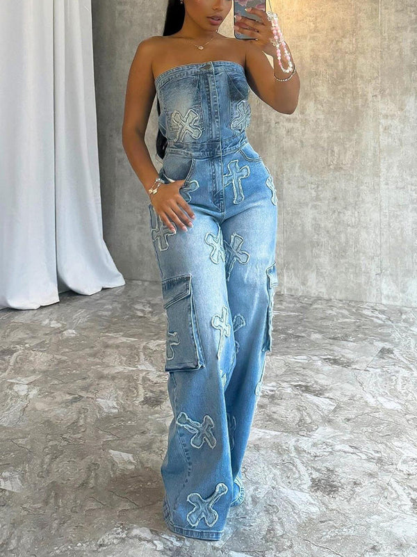 Cross Strapless Denim Jumpsuits