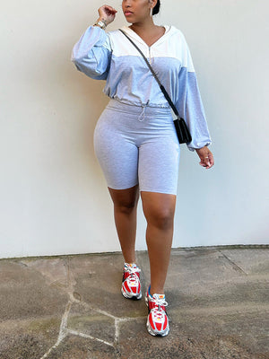 Half Zip Hoodie Biker Shorts Set